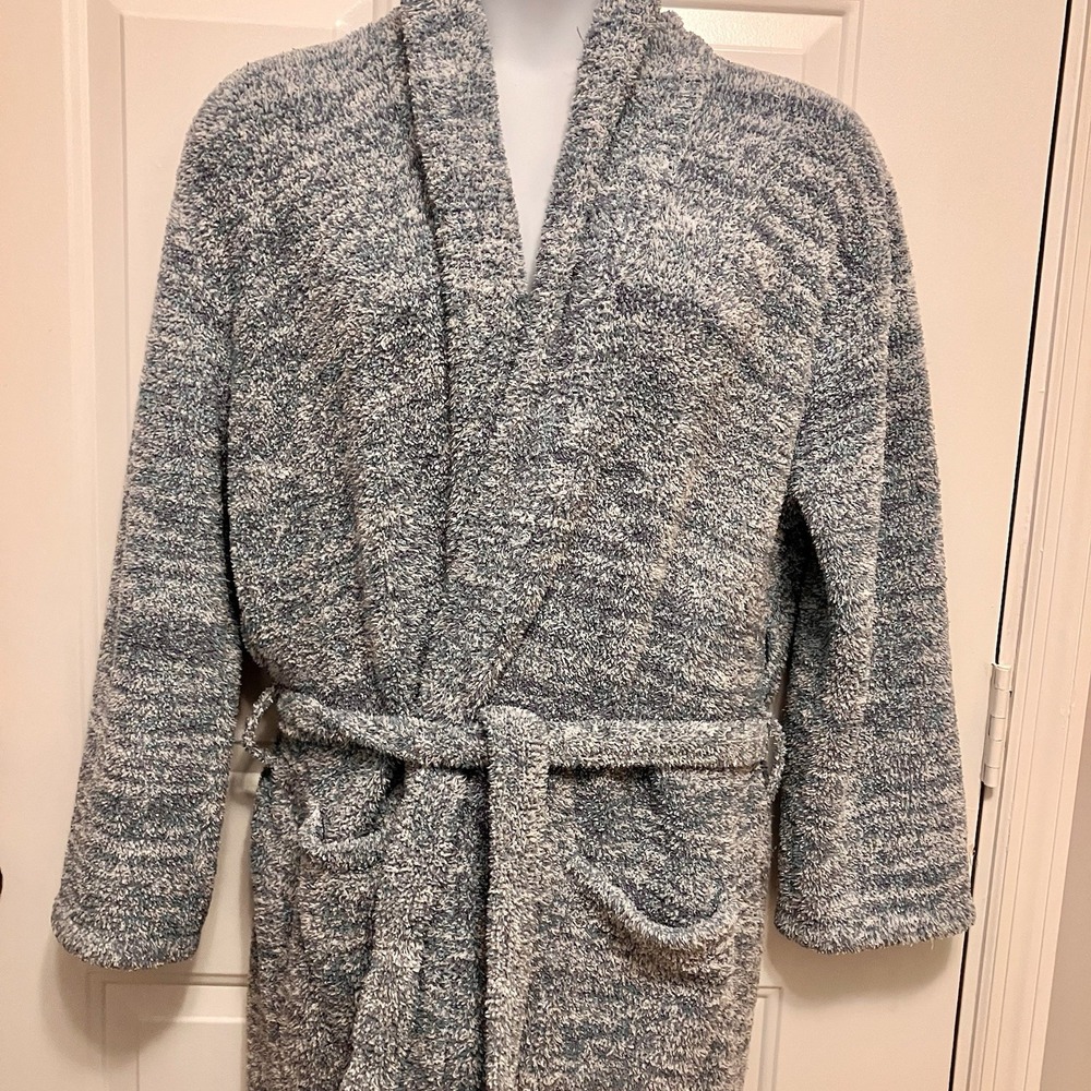 BAREFOOT DREAMS‎ Sz 2 Medium/Large CozyChic Women's Long Robe Belted Blue White